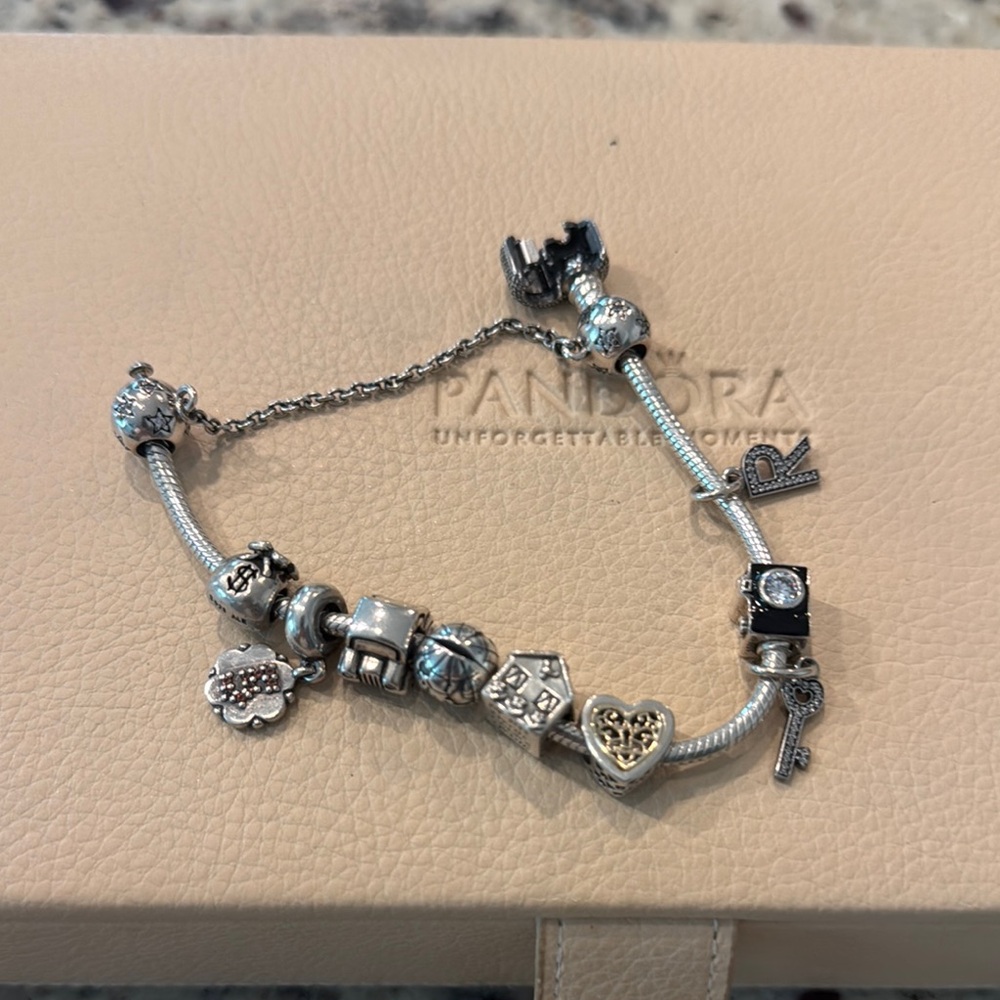 Pandora Silver and Gold Charm Bracelet with Intricate Design